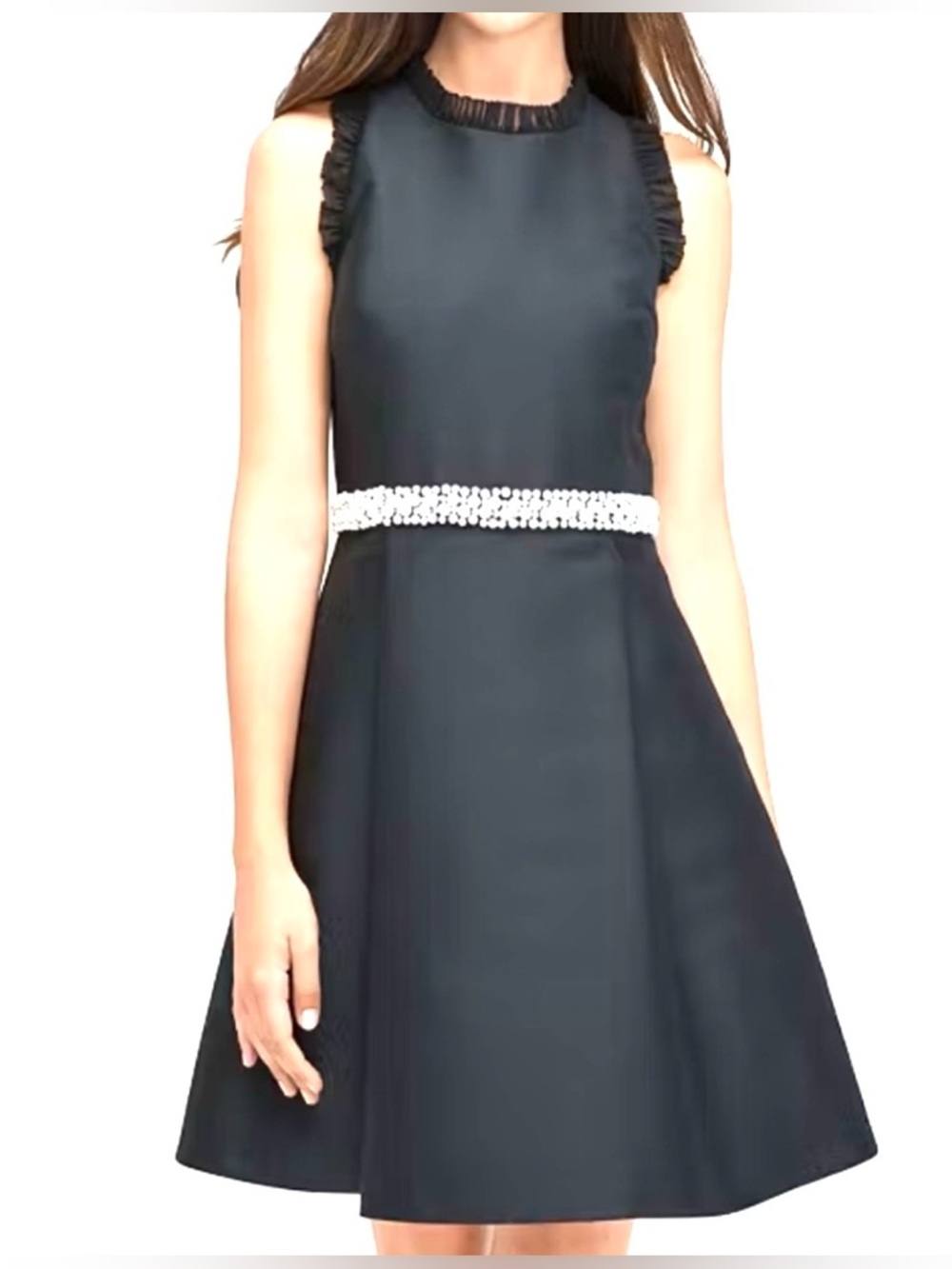 Kate Spade New York Dress Sz 0 Black Satin Mini Sleeveless Pearl Crystal Trim